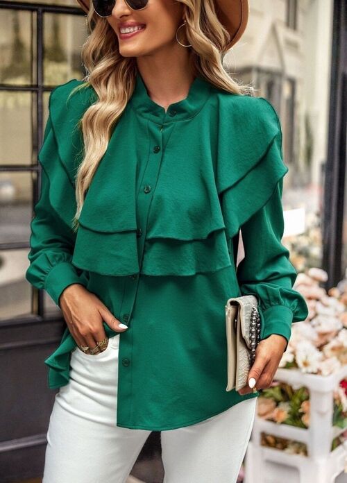 Tiered Ruffle Button Down Blouse-Green