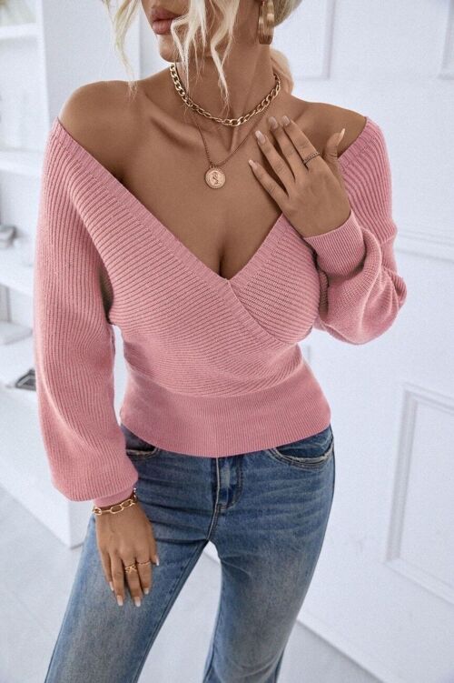 Ribbed Knit Back Detail Sweater-Pink