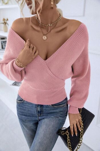 Pull en maille côtelée avec détails au dos-Rose 4