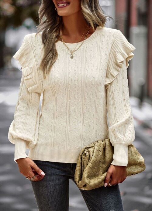 Cable Knit Ruffle Shoulder Sweater-Light Beige