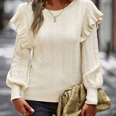 Cable Knit Ruffle Shoulder Sweater-Light Beige