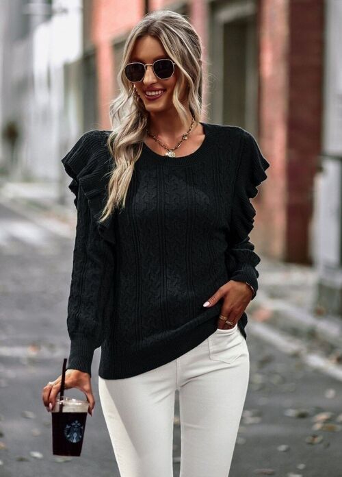 Cable Knit Ruffle Shoulder Sweater-Black