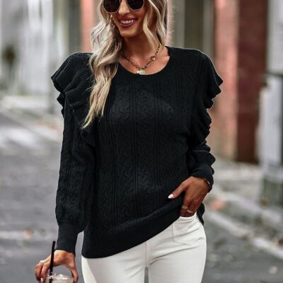 Cable Knit Ruffle Shoulder Sweater-Black