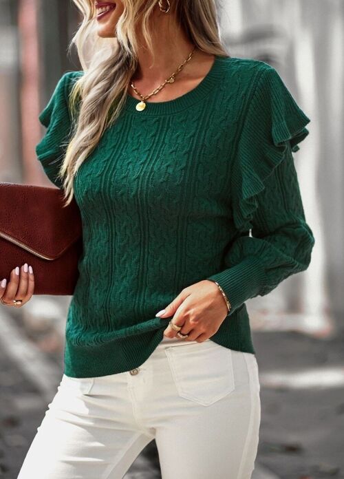 Cable Knit Ruffle Shoulder Sweater-Dark Green