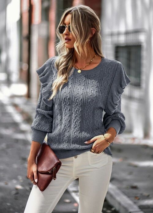 Cable Knit Ruffle Shoulder Sweater-Gray