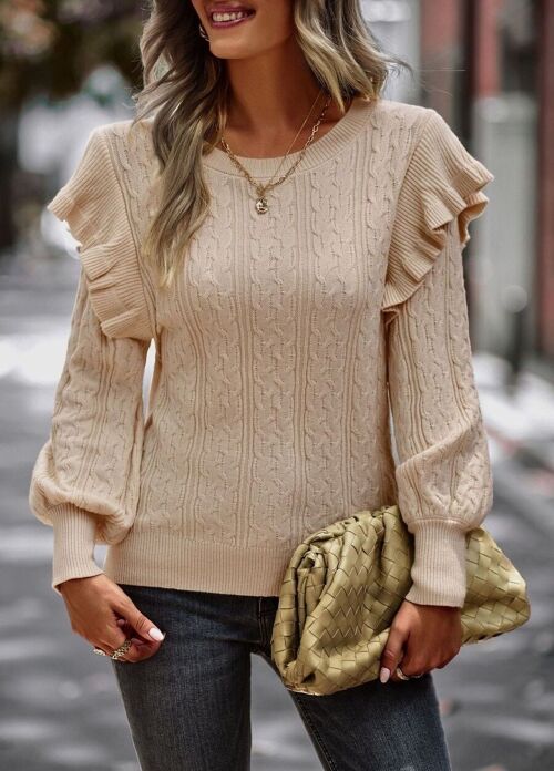 Cable Knit Ruffle Shoulder Sweater-Beige