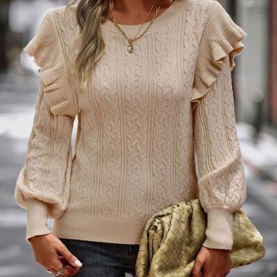 Cable Knit Ruffle Shoulder Sweater-Beige