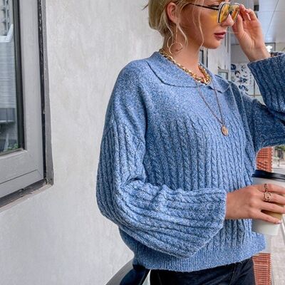 Pull en tricot teint par espacement à col-Bleu