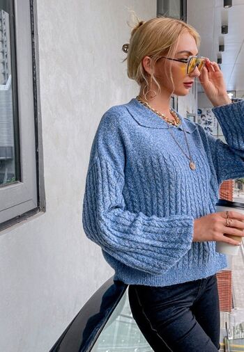 Pull en tricot teint par espacement à col-Bleu 1