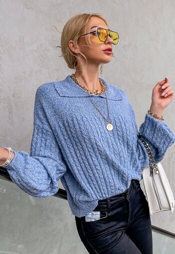 Pull en tricot teint par espacement à col-Bleu 3