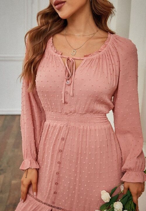 Tie Neck Swiss Dot Boho Dress-Mauve Pink