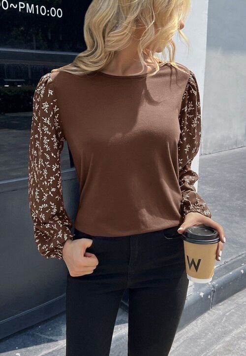 Two Tone Floral Light Sweater-Brown