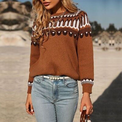 Geometrical Western Print Sweater-Brown