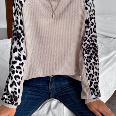 Suéter de Otoño de Leopardo de Punto Waffle-Beige