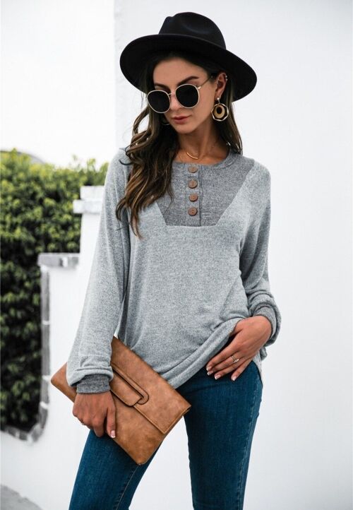 Two Tone Light Henley Sweater-Gray