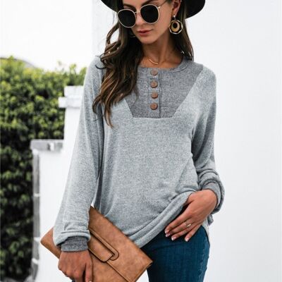 Two Tone Light Henley Sweater-Gray