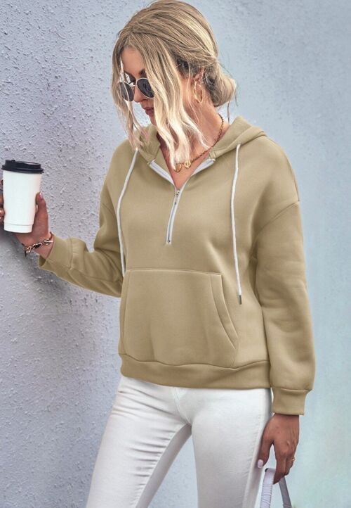 Solid Color Zip-Up Hoodie-Beige