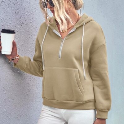 Solid Color Zip-Up Hoodie-Beige