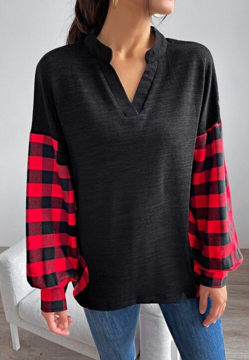 Two Tone Buffalo Plaid Sweater-Black