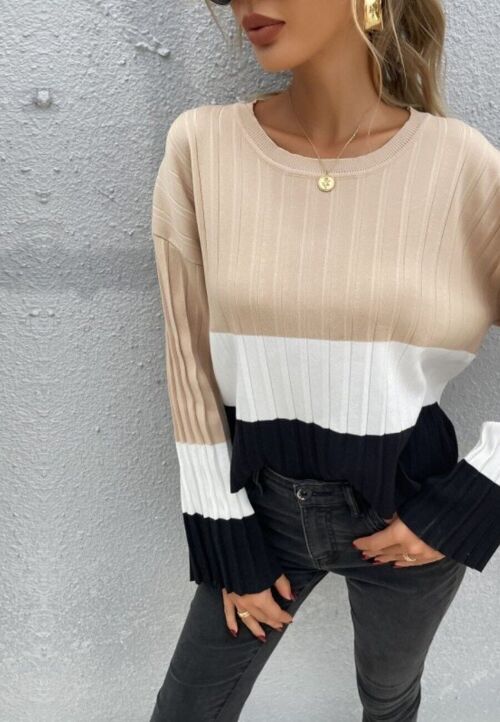 Color Block Textured Sweater-Beige