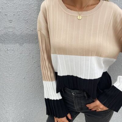 Color Block Textured Sweater-Beige