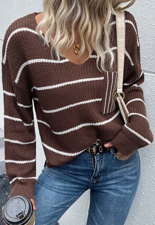 V Neck Striped Patch Pocket Sweater-Brown