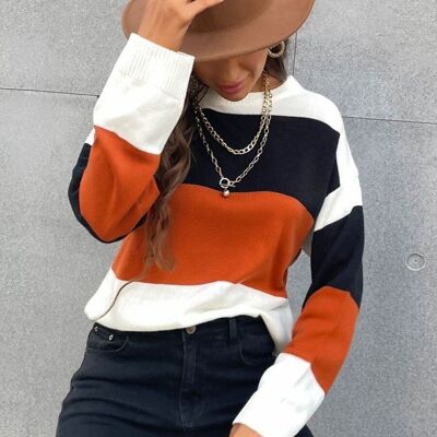 Basic Color Block Striped Sweater-Orange