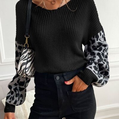 Textured V Neck Two Tone Sweater-Black