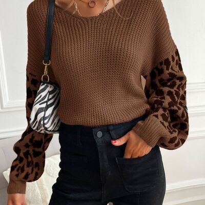 Textured V Neck Two Tone Sweater-Brown