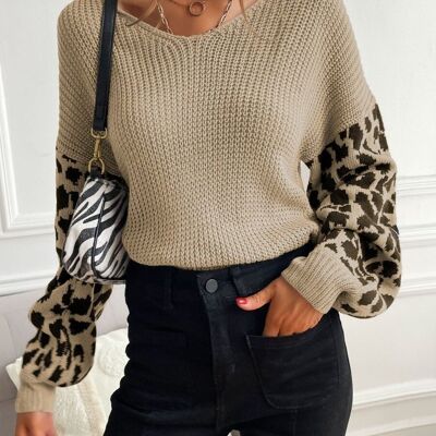 Textured V Neck Two Tone Sweater-Beige