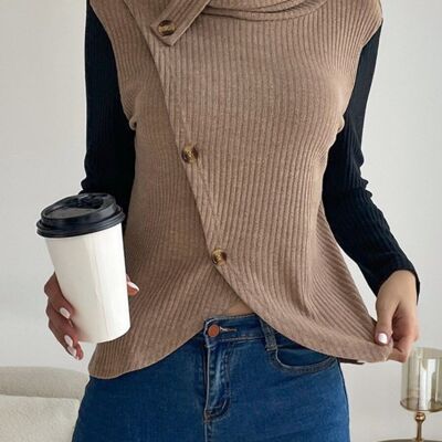 Turtleneck Overlap Sweater Vest-Brown