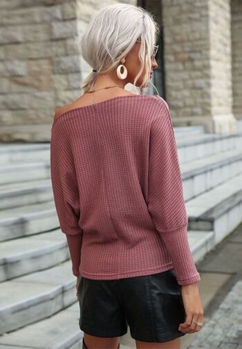 Pull à une épaule en tricot gaufré-Rose mauve 5