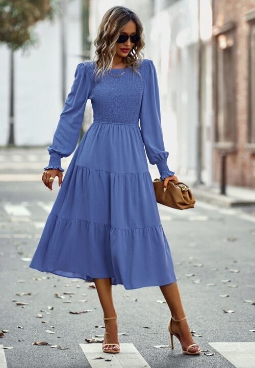 Shirred Bodice Tiered Dress-Blue
