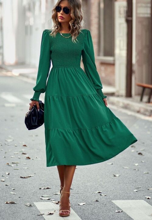 Shirred Bodice Tiered Dress-Green