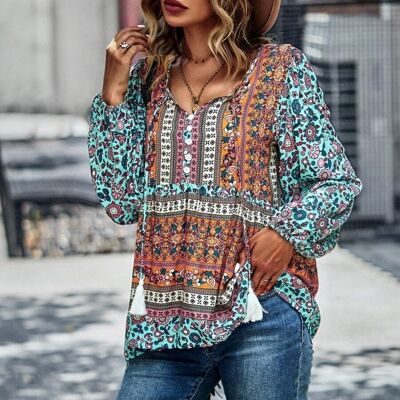 Mehrfarbige Boho-Bluse mit V-Ausschnitt-Hellblau