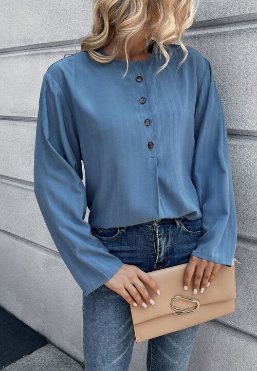 Round Neck Contrast Button Blouse-Blue