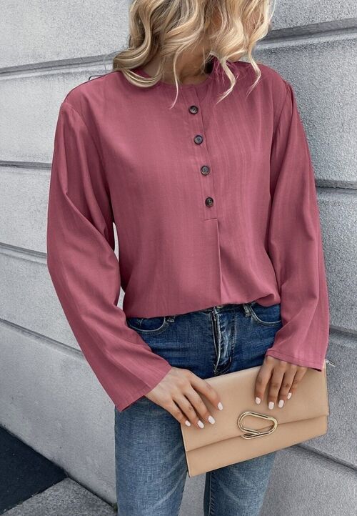 Round Neck Contrast Button Blouse-Mauve Pink