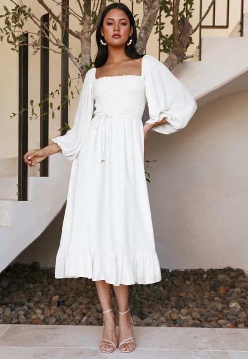 Shirred Bishop Sleeve Dress-White