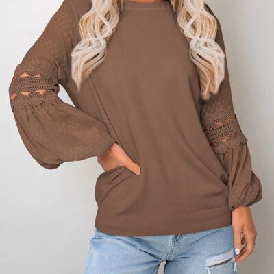 Crochet Lace Bishop Sleeve Sweater-Brown