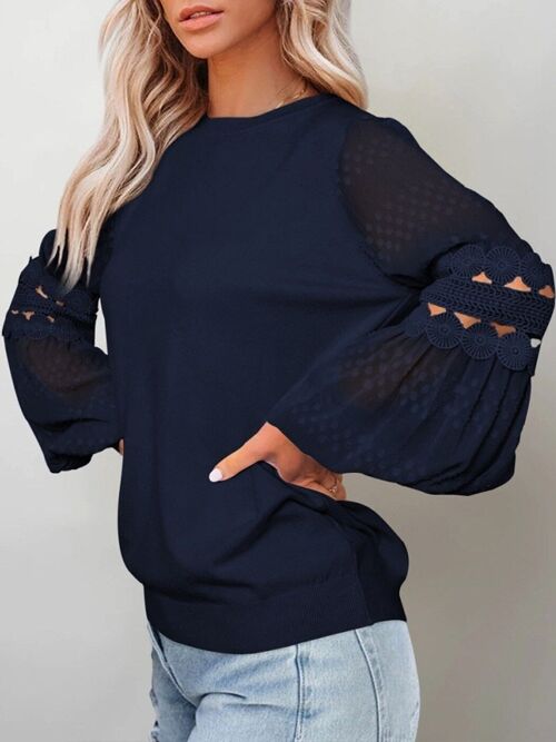 Crochet Lace Bishop Sleeve Sweater-Navy