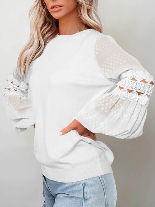 Crochet Lace Bishop Sleeve Sweater-White