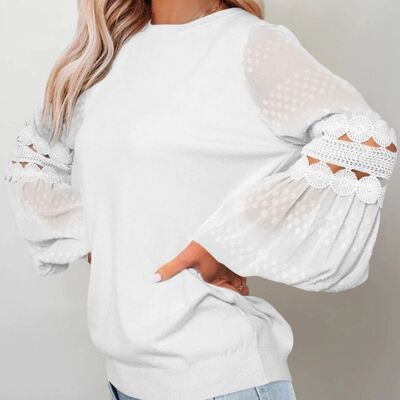 Pull à manches évêque en dentelle au crochet-Blanc