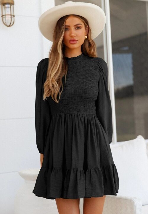 Shirred Ruffle Hem Dress-Black