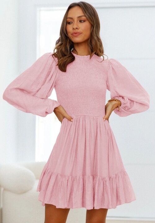 Shirred Ruffle Hem Dress-Pink