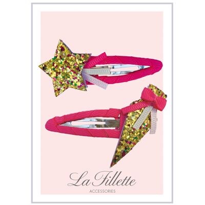 School enrollment set with school cone and star in neon coral gold