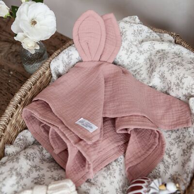 Organic cotton cuddle cloth rabbit in dusky pink