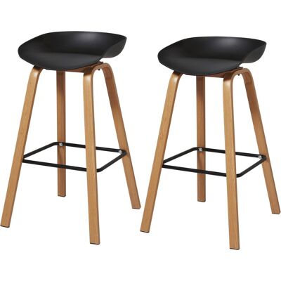 Lot de 2 - Tabouret de bar 38453BS Noir - assise Plastique dur ABS pieds Metal effet bois