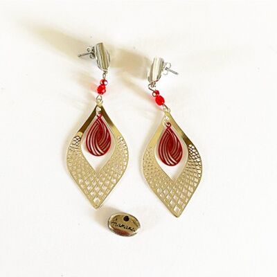 Boucles d'oreilles larmes métal argenté et rouge