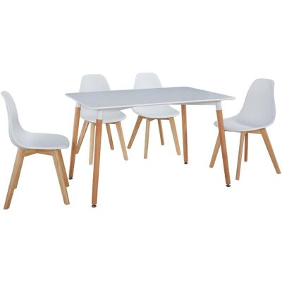 Ensemble table et 4 chaises Scandinave 16120BL Blanc - plateau Bois 120 x 80 assise ABS pieds Bois
