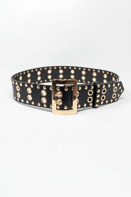 Waist square buckle belt in black with gold eyelets